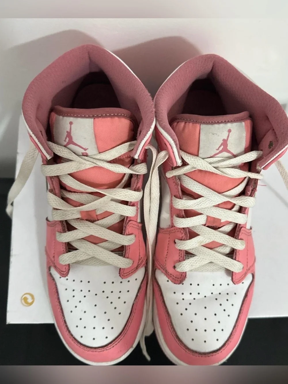 Jordan 1 Kids Pink and White Mid-Top Sneakers with Dark Pink Swoosh